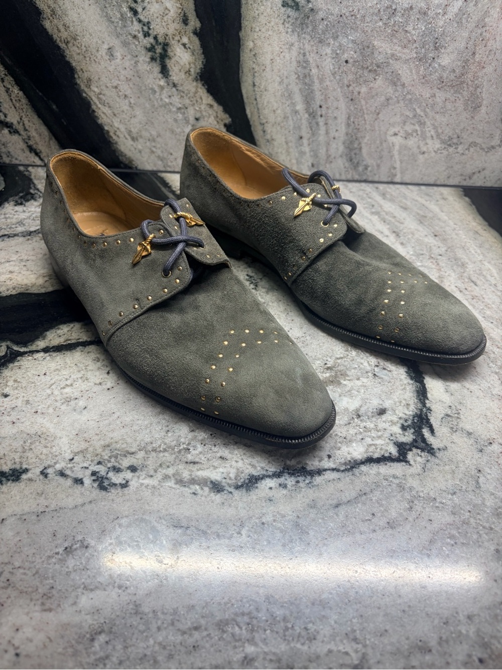 Fratelli Italy Charcoal Gray Suede Gold Stud Derby Shoes Men’s 9.5
